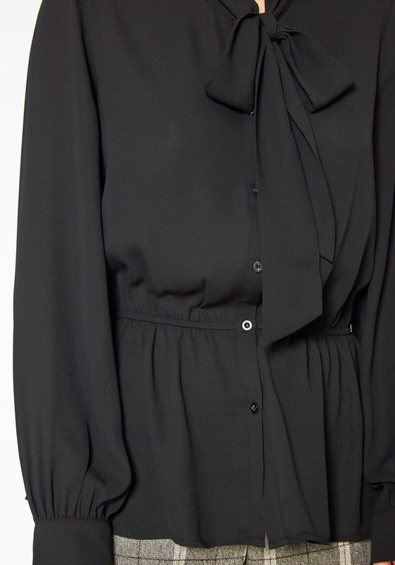 Tie Neck Button Down Peplum Blouse