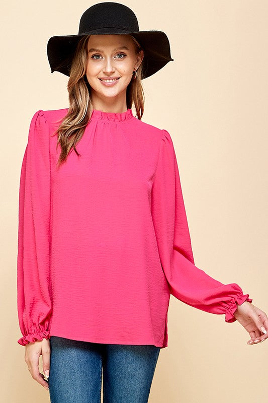SOLID MOCK NECK WITH RUFFLE LONG SLEEVE BLOUSE