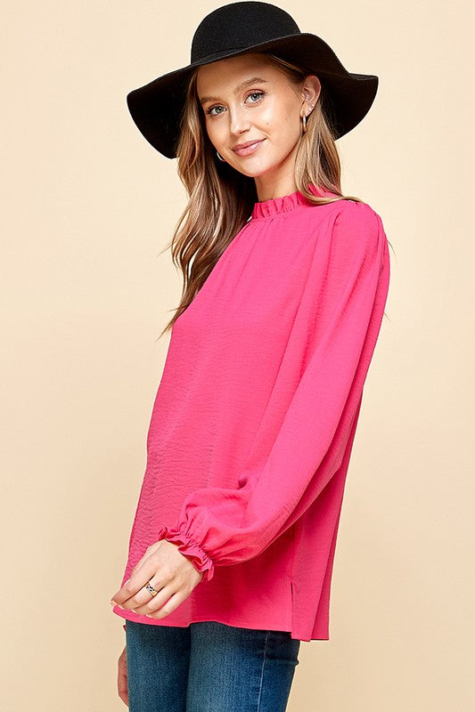 SOLID MOCK NECK WITH RUFFLE LONG SLEEVE BLOUSE