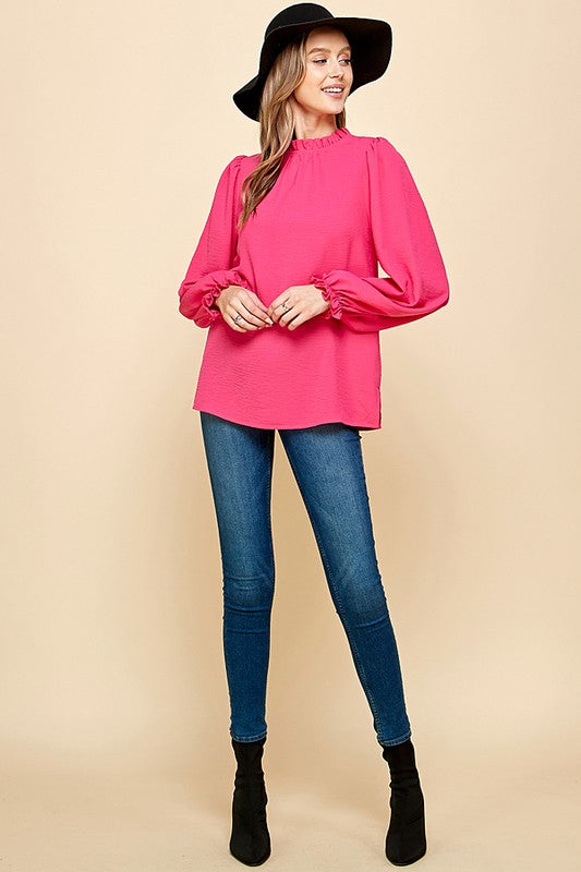 SOLID MOCK NECK WITH RUFFLE LONG SLEEVE BLOUSE