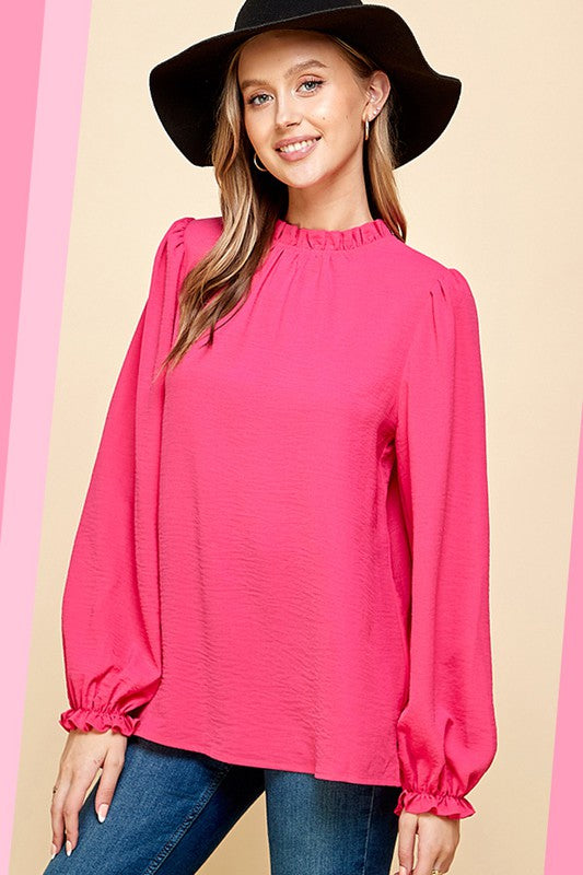 SOLID MOCK NECK WITH RUFFLE LONG SLEEVE BLOUSE