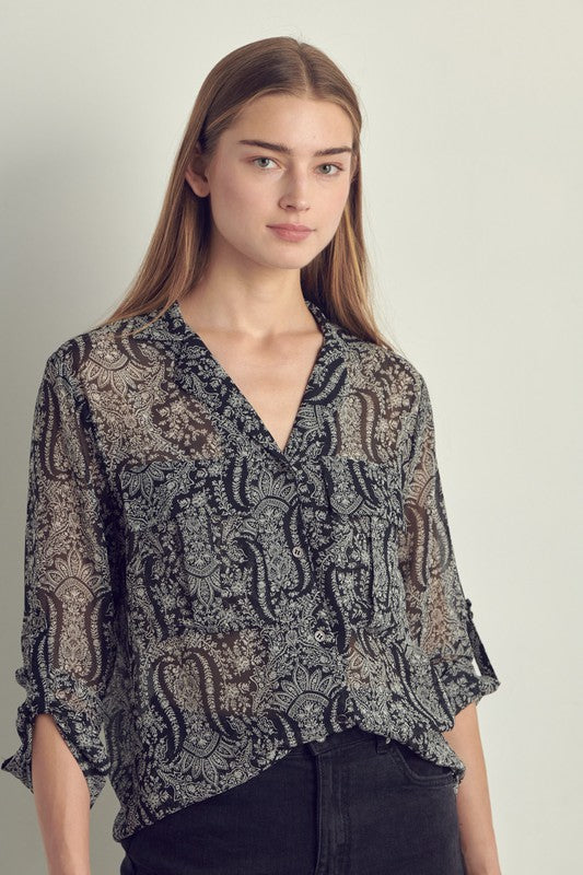 Front pocket roll up sleeve chiffon blouse