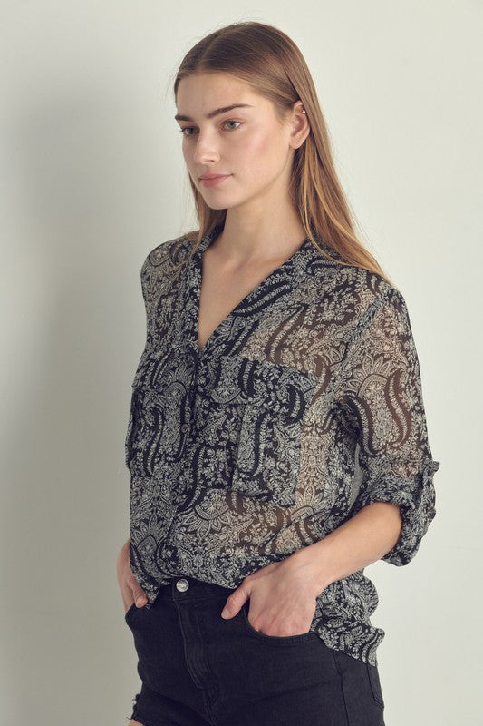 Front pocket roll up sleeve chiffon blouse