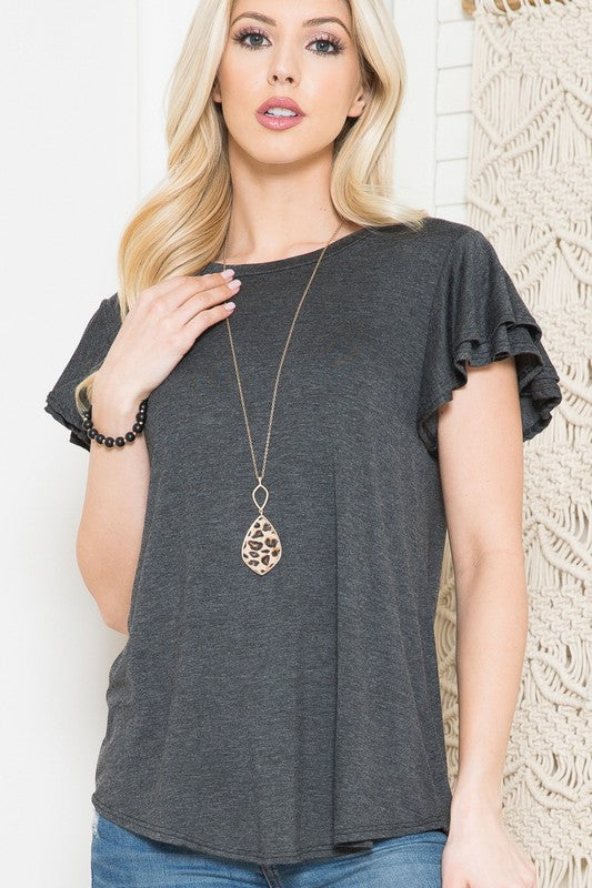 Plus Solid Short Flutter Sleeve Top