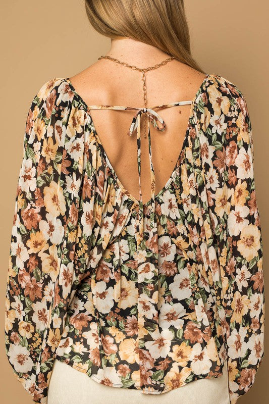 Jeanna L/S V-Neck Shirring Floral Print Top