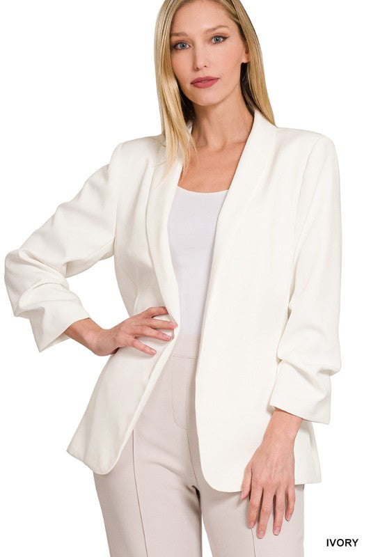 WOVEN 3/4 RUCHED SLEEVE OPEN FRONT CLASSIC BLAZER