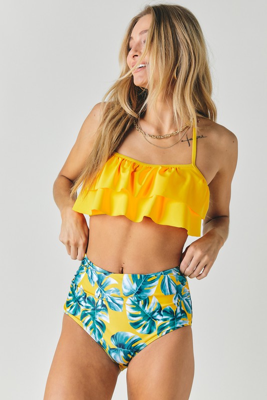 SOLID RUFFLE TOP AND PRINTED BOTTOM SWIMSUIT