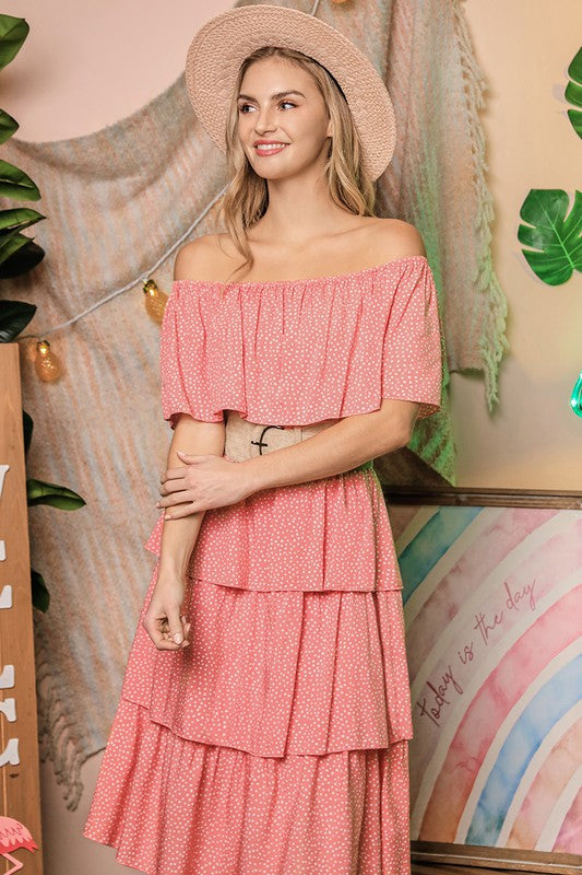 OFF THE SHOULDER THREE LAYERS RUFFLE DRESS