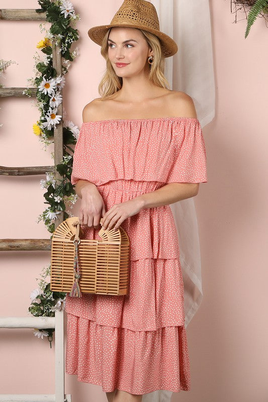 OFF THE SHOULDER THREE LAYERS RUFFLE DRESS