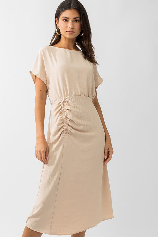 S/S ELASTIC SHIRRING MIDI DRESS