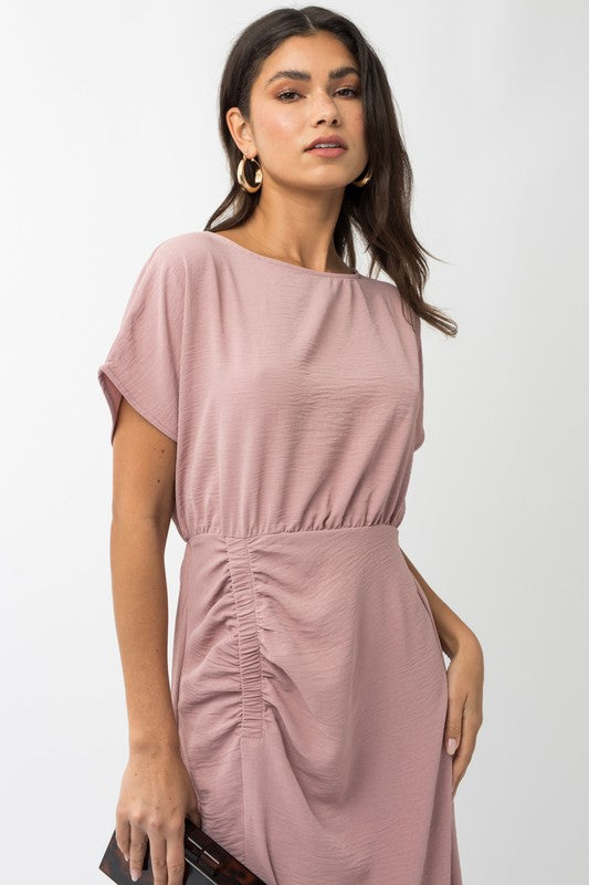 S/S ELASTIC SHIRRING MIDI DRESS