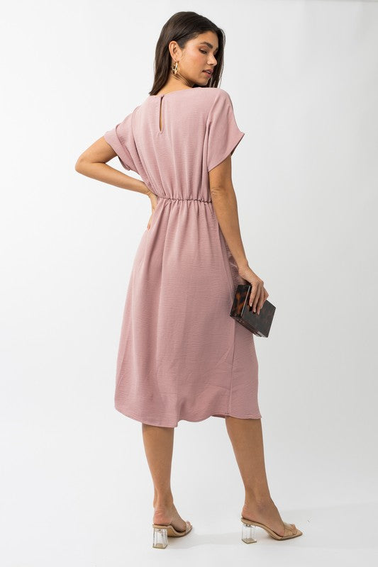 S/S ELASTIC SHIRRING MIDI DRESS