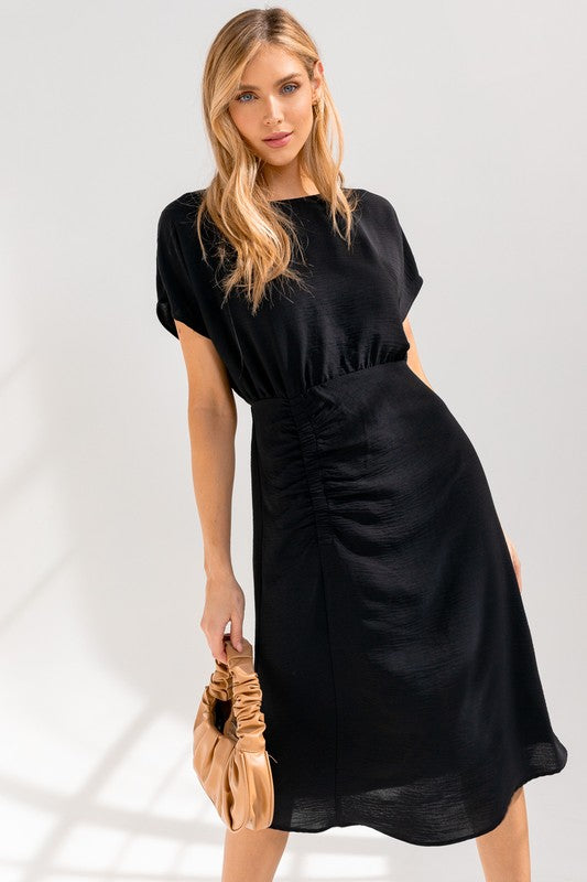 S/S ELASTIC SHIRRING MIDI DRESS