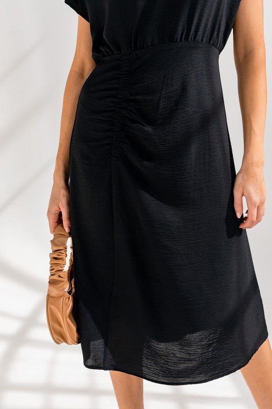 S/S ELASTIC SHIRRING MIDI DRESS