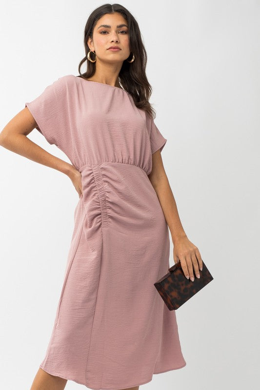 S/S ELASTIC SHIRRING MIDI DRESS