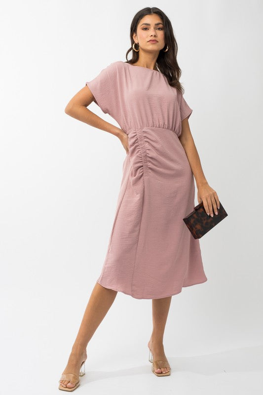 S/S ELASTIC SHIRRING MIDI DRESS