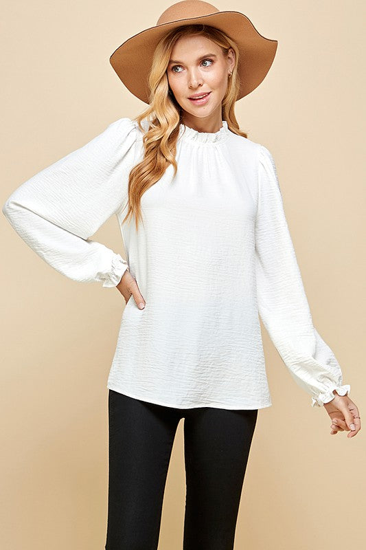 SOLID MOCK NECK WITH RUFFLE LONG SLEEVE BLOUSE