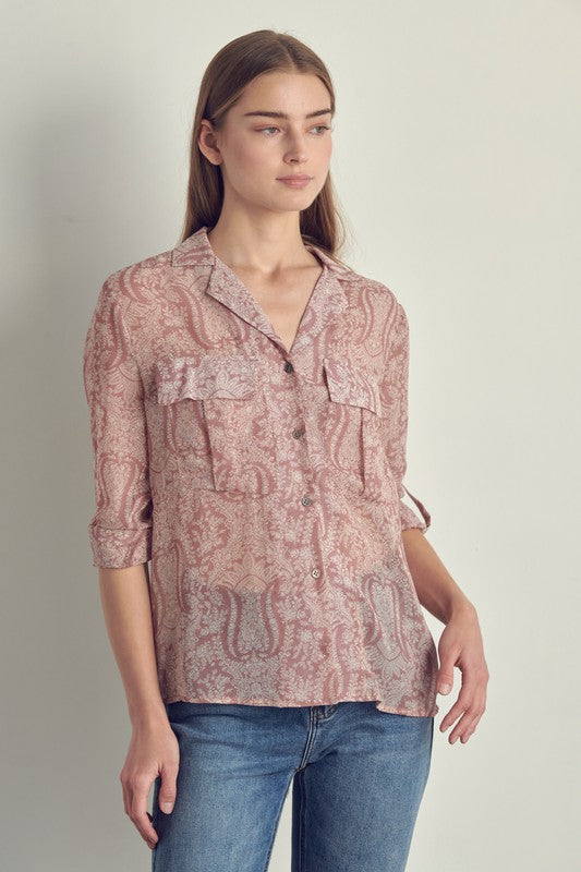 Front pocket roll up sleeve chiffon blouse