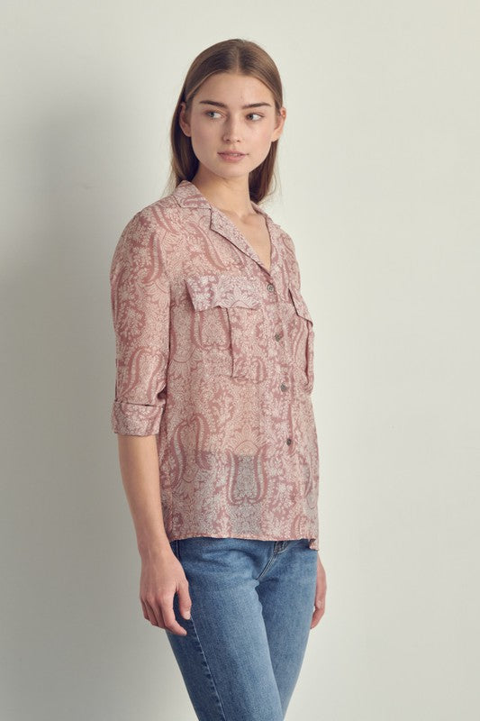 Front pocket roll up sleeve chiffon blouse