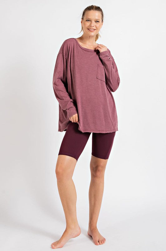 MINERAL WASHED ROUND NECKLINE LONG SLEEVES TOP