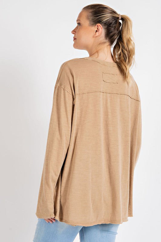 MINERAL WASHED ROUND NECKLINE LONG SLEEVES TOP